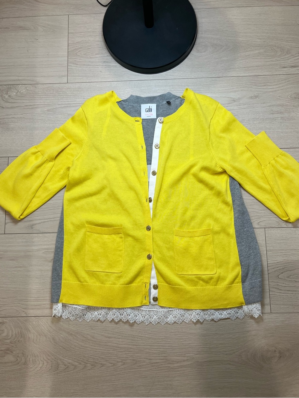 CAbi Yellow & Gray Layered-Back Button Cardigan size large - Picture 2 of 7
